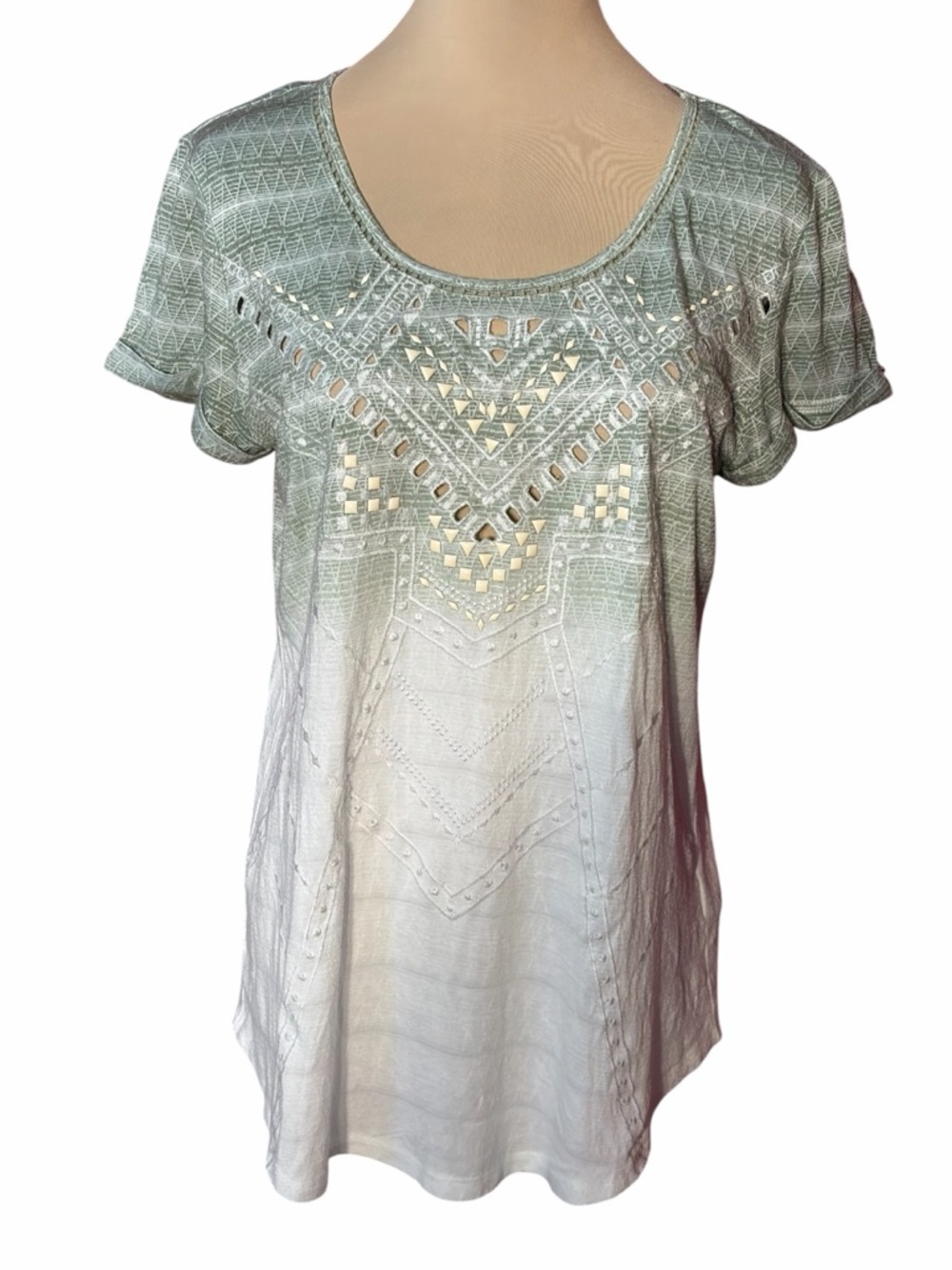Miss Me Embellished Ombre Top Size Medium Sage Green Cream Boho Tunic